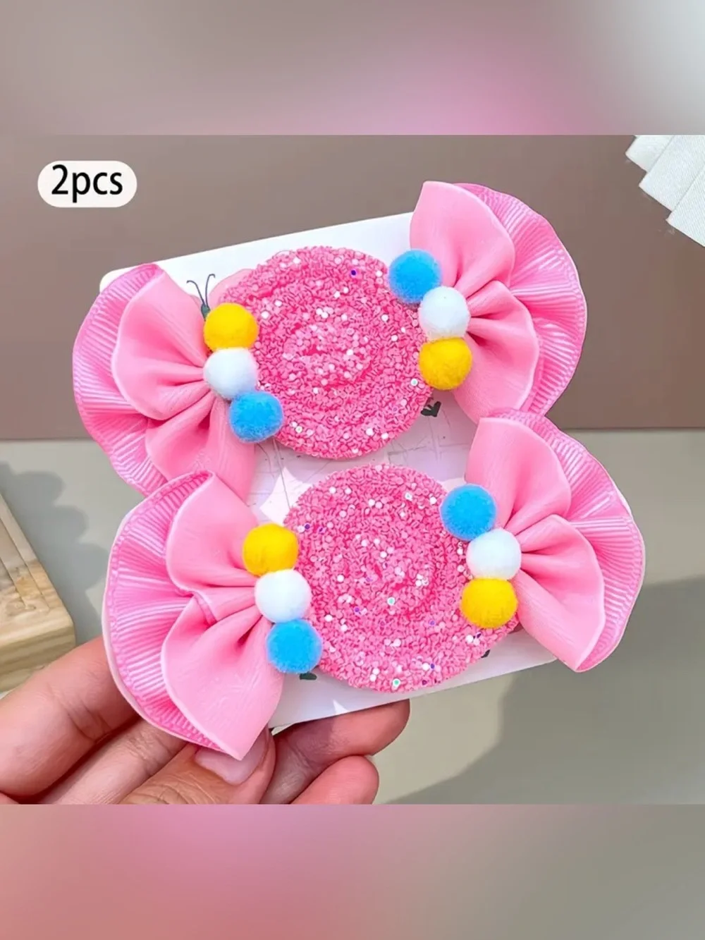 2Pcs Cute Pink Candy Hair Clips – Sweet Bow Pom-Pom Hairpins for Girls
